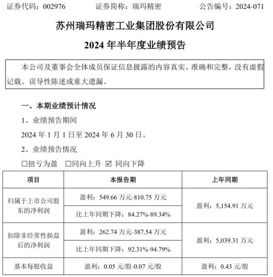 瑞玛精密2024年上半年预计净利54966万-81075万 新能源电池结构件产品项目研发投入较大(图1)